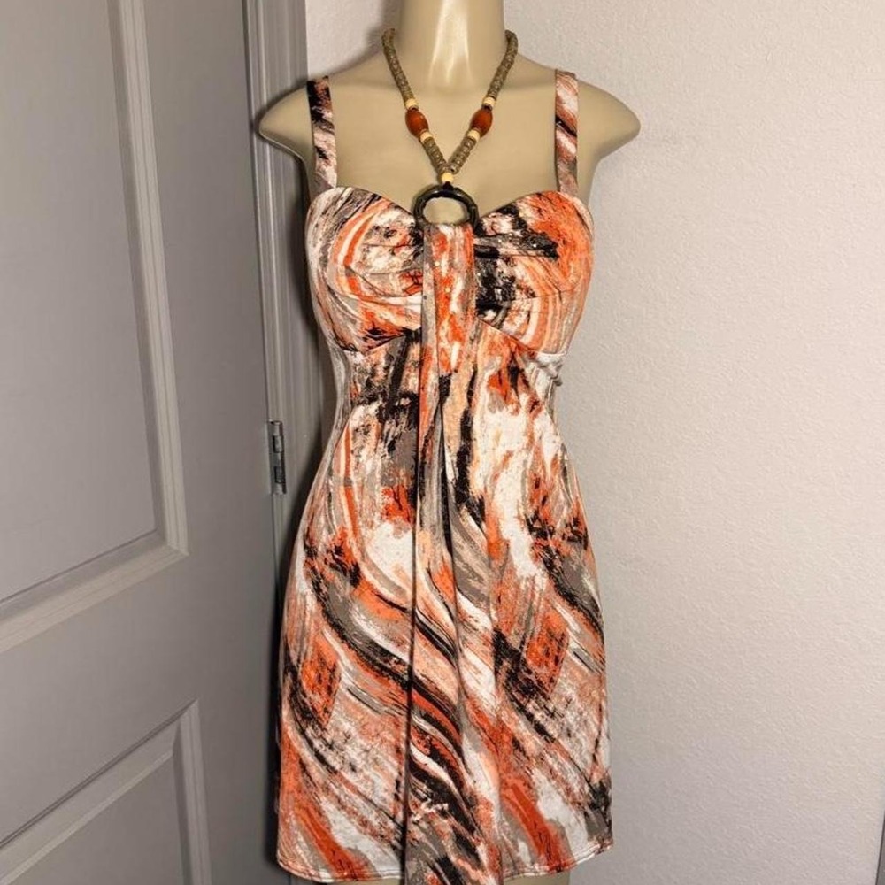 Dressbarn Y2K Orange and multicolor abstract swirl mini dress